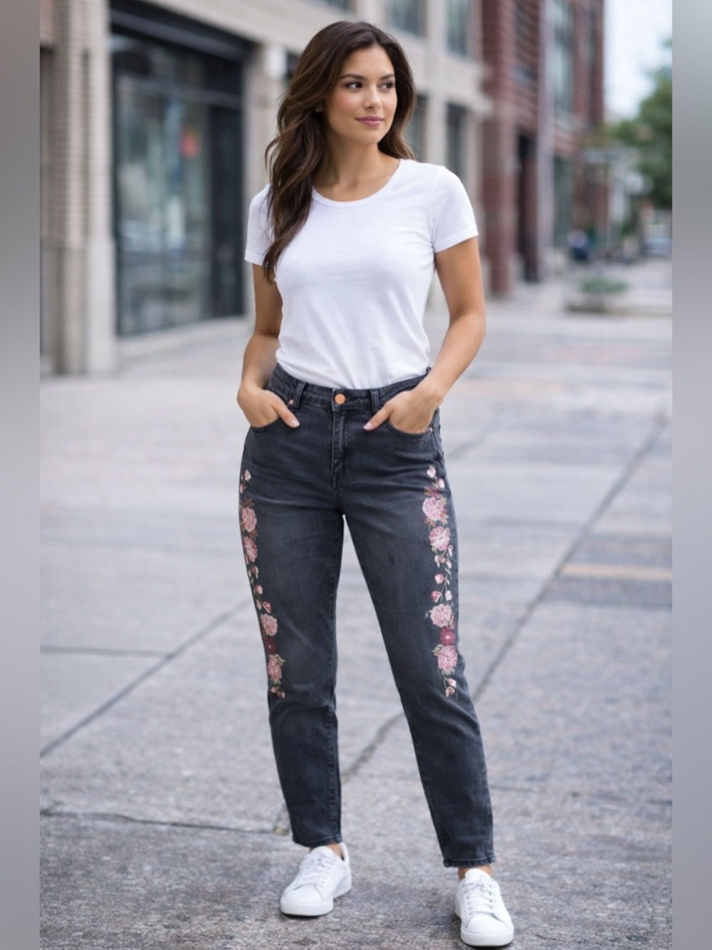 Ruff Hewn Women’s Black Skinny Jeans Floral Embroidered Size 16 Stretch Denim